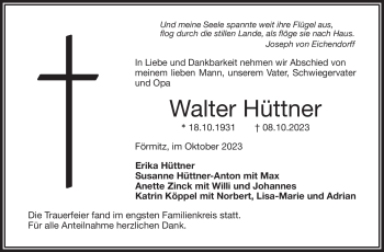 Traueranzeige von Walter Hüttner von Frankenpost