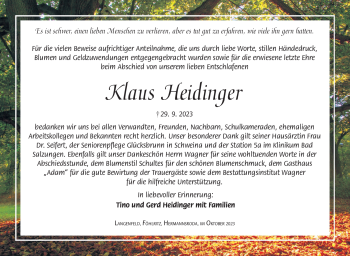 Traueranzeige von Klaus Heidinger von Südthüringer Presse