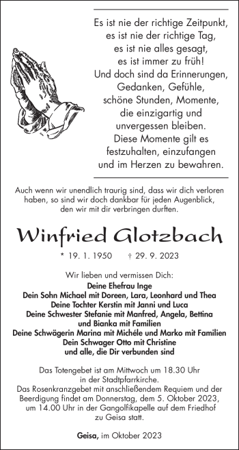Traueranzeige von Winfried Glotzbach von Südthüringer Presse