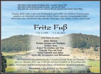 Traueranzeige von Fritz Fuß von Südthüringer Presse