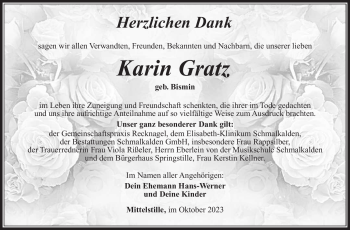 Traueranzeige von Karin Gratz von Südthüringer Presse