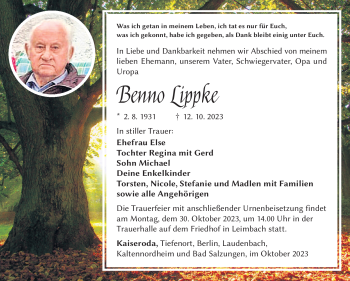 Traueranzeige von Benno Lipke von Südthüringer Presse