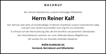 Traueranzeige von Reiner Kalf von Südthüringer Presse