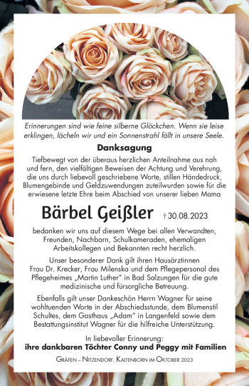 Traueranzeige von Bärbel Geißler von Südthüringer Presse