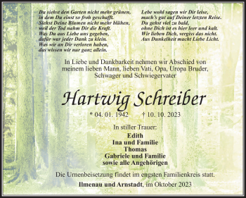 Traueranzeige von Hartwig Schreiber von Südthüringer Presse