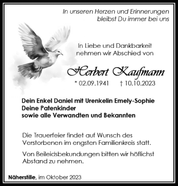 Traueranzeige von Herbert Kaufmann von Südthüringer Presse