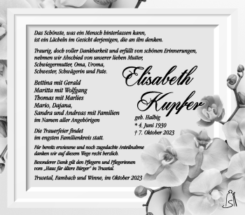 Traueranzeige von Elisabeth Kupfer von Südthüringer Presse