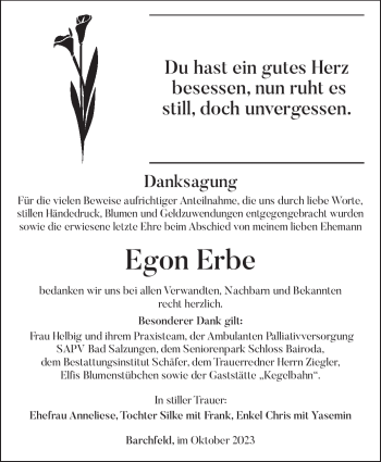 Traueranzeige von Egon Erbe von Südthüringer Presse