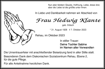 Traueranzeige von Klante Hedwig von Frankenpost