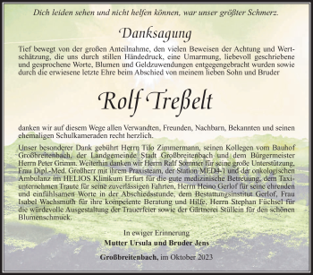 Traueranzeige von Rolf Treßelt von Südthüringer Presse