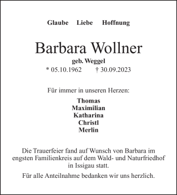 Traueranzeige von Barbara Wollner von Frankenpost