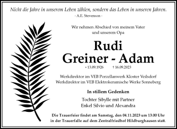 Traueranzeige von Rudi Greiner-Adam von Südthüringer Presse