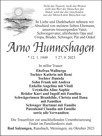 Traueranzeige von Arno Hunneshagen von Südthüringer Presse