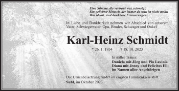 Traueranzeige von Karl-Heinz Schmidt von Südthüringer Presse