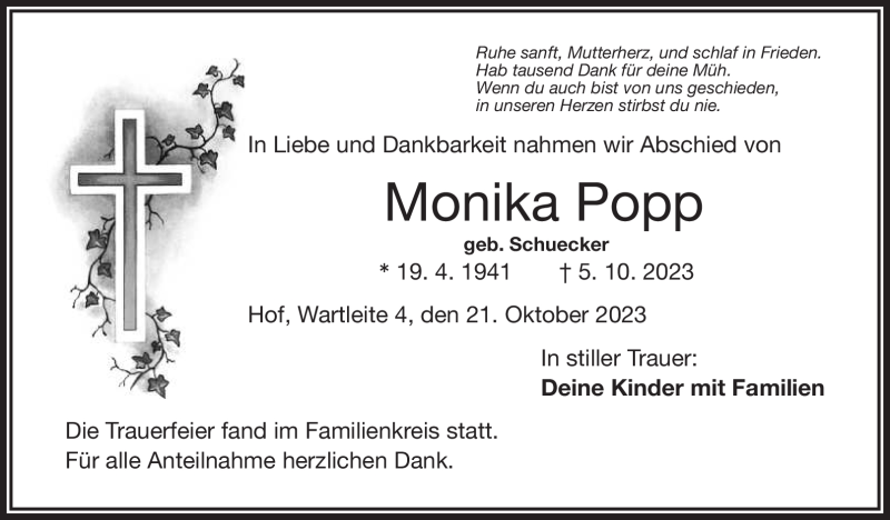  Traueranzeige für Monika Popp vom 21.10.2023 aus Frankenpost