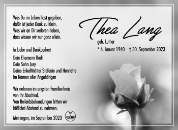 Traueranzeige von Thea Lang von Südthüringer Presse