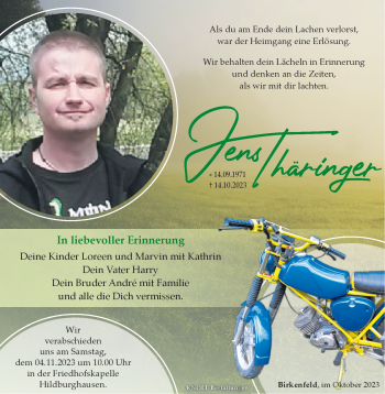 Traueranzeige von Jens Thäringer von Südthüringer Presse