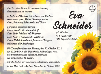 Traueranzeige von Eva Schneider von Südthüringer Presse