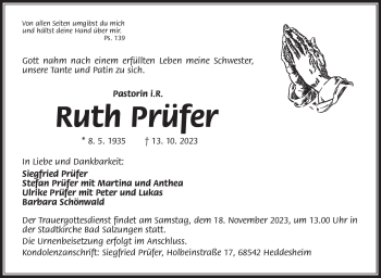 Traueranzeige von Ruth Prüfer von Südthüringer Presse