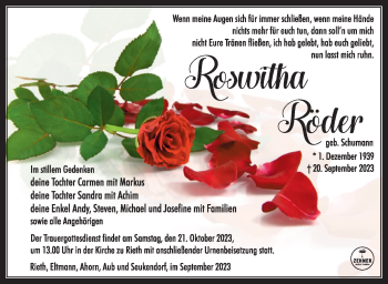 Traueranzeige von Roswitha Röder von Südthüringer Presse