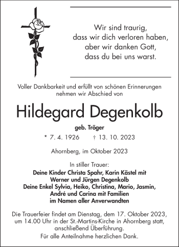 Traueranzeige von Hildegard Degenkolb von Frankenpost