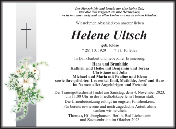 Traueranzeige von Helene Ultsch von Südthüringer Presse