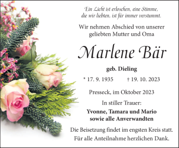 Traueranzeige von Marlene Bär von Frankenpost