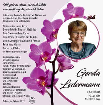 Traueranzeige von Gerda Ledermann von Südthüringer Presse