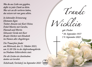 Traueranzeige von Traude Wicklein von Südthüringer Presse