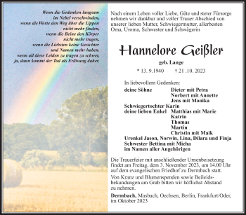 Traueranzeige von Hannelore Geißler von Südthüringer Presse