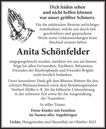 Traueranzeige von Anita Schönfelder von Südthüringer Presse