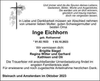 Traueranzeige von Inge Eichhorn von Südthüringer Presse