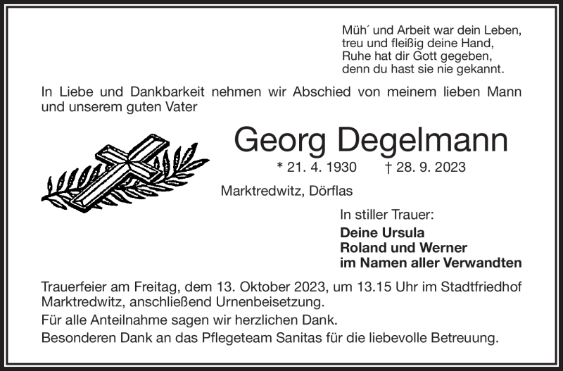  Traueranzeige für Georg Degelmann vom 07.10.2023 aus Frankenpost