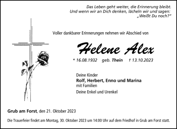 Traueranzeige von Helene Alex von Neue Presse Coburg
