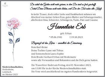 Traueranzeige von Hannelore Erb von Südthüringer Presse
