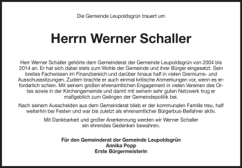 Traueranzeige von Werner Schaller von Frankenpost