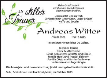 Traueranzeige von Andreas Witter von Südthüringer Presse