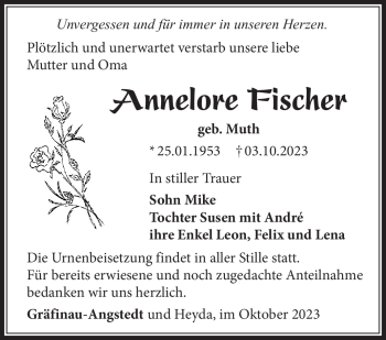Traueranzeige von Annelore Fischer von Südthüringer Presse