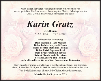 Traueranzeige von Karin Gratz von Südthüringer Presse
