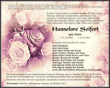 Traueranzeige von Hannelore Seifert von Südthüringer Presse
