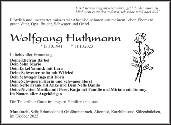 Traueranzeige von Wolfgang Huthmann von Südthüringer Presse
