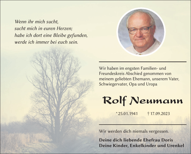  Traueranzeige für Rolf Neumann vom 07.10.2023 aus Südthüringer Presse
