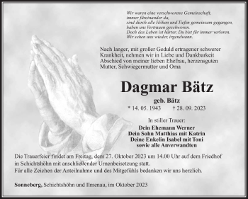Traueranzeige von Dagmar Bätz von Südthüringer Presse