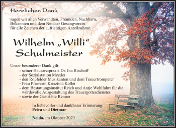 Traueranzeige von Wilhelm Schulmeister von Südthüringer Presse