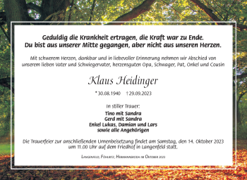 Traueranzeige von Klaus Heidinger von Südthüringer Presse