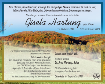 Traueranzeige von Gisela Hartung von Südthüringer Presse