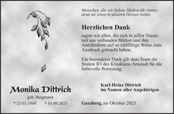 Traueranzeige von Monika Dittrich von Südthüringer Presse