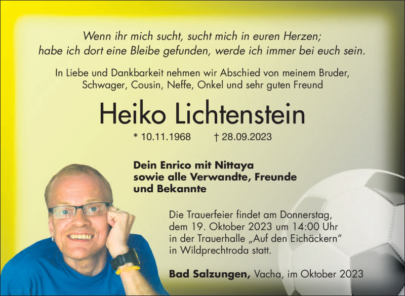  Traueranzeige für Heiko Lichtenstein vom 14.10.2023 aus Südthüringer Presse