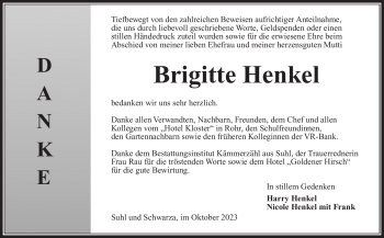 Traueranzeige von Brigitte Henkel von Südthüringer Presse