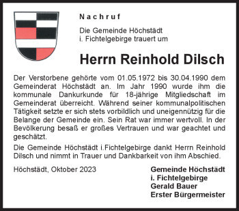 Traueranzeige von Reinhold Dilsch von Frankenpost